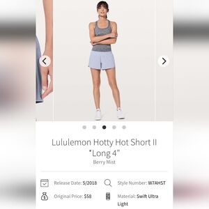 Lululemon Hotty Hot Short Il Long 4" Sz 6 Berry Mist